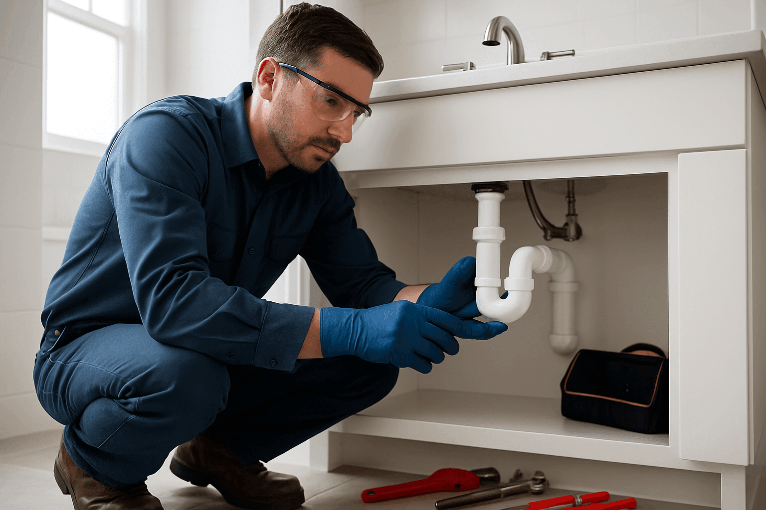 Plumber repairing bathroom sink drain with tools under cabinet