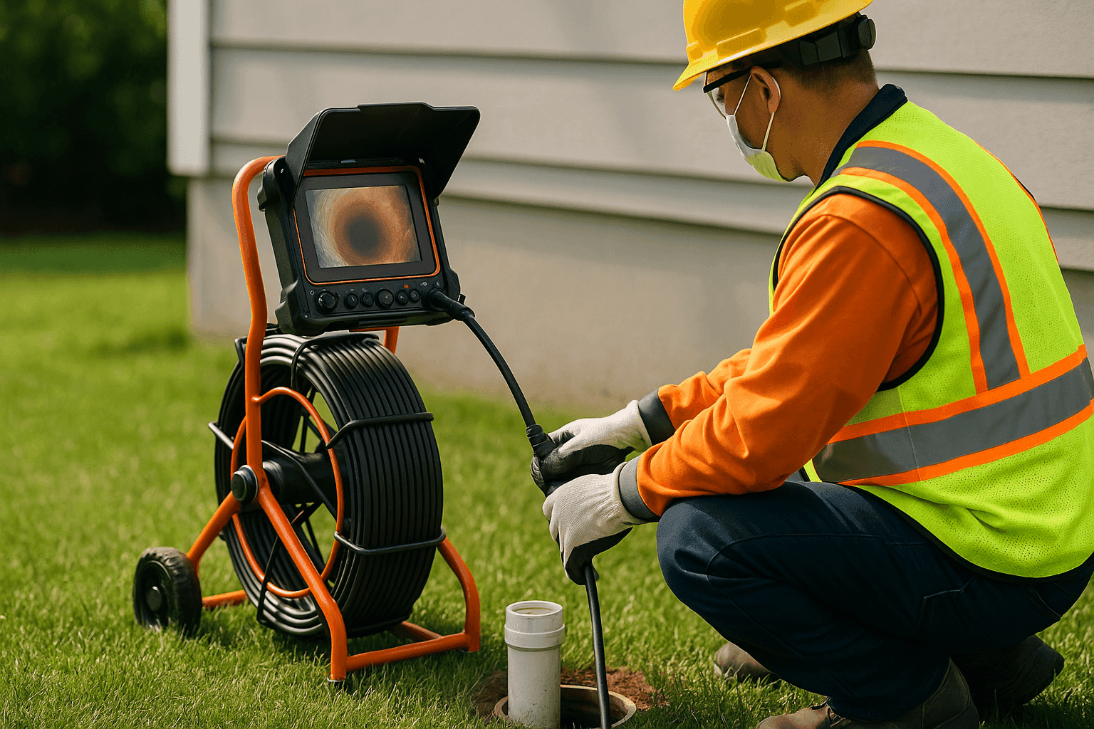 Technician inspecting home sewer cleanout with camera equipment