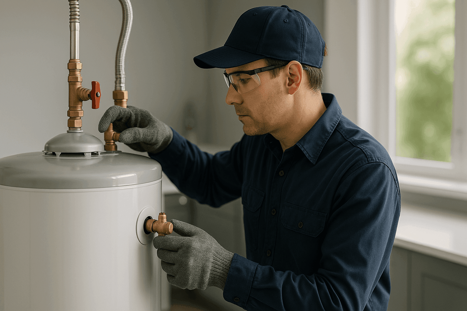 Plumber inspecting new residential water heater in utility room