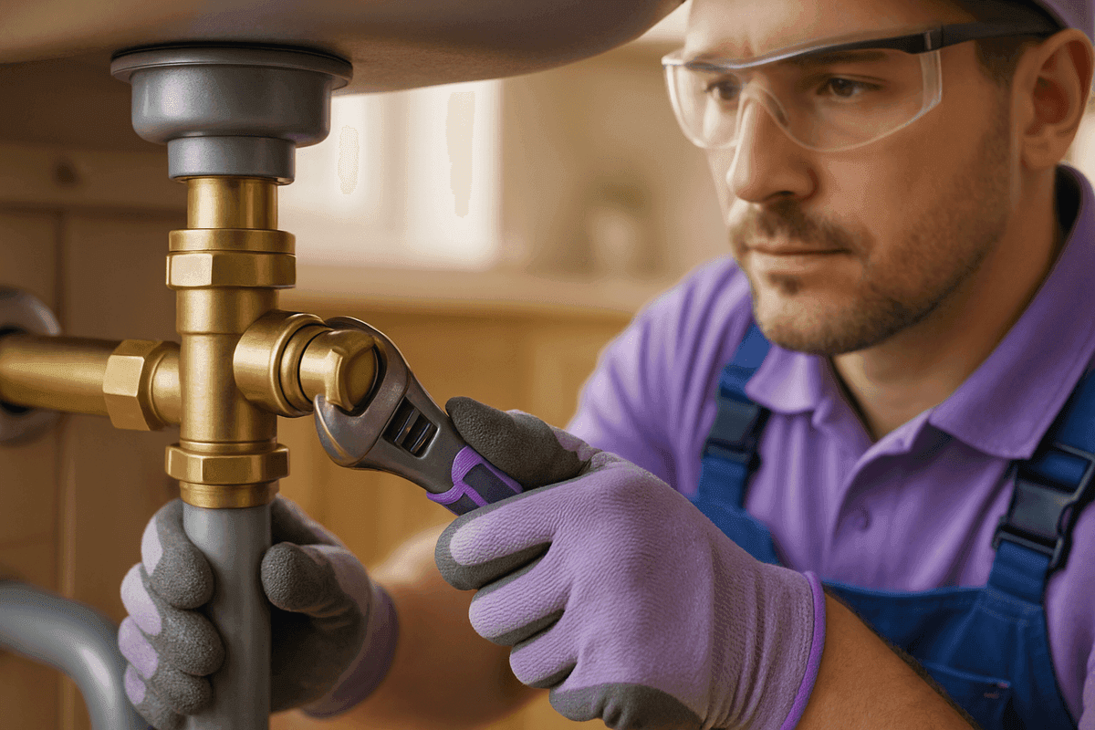 Close-up of plumber's gloved hands adjusting brass pipe fitting under kitchen sink